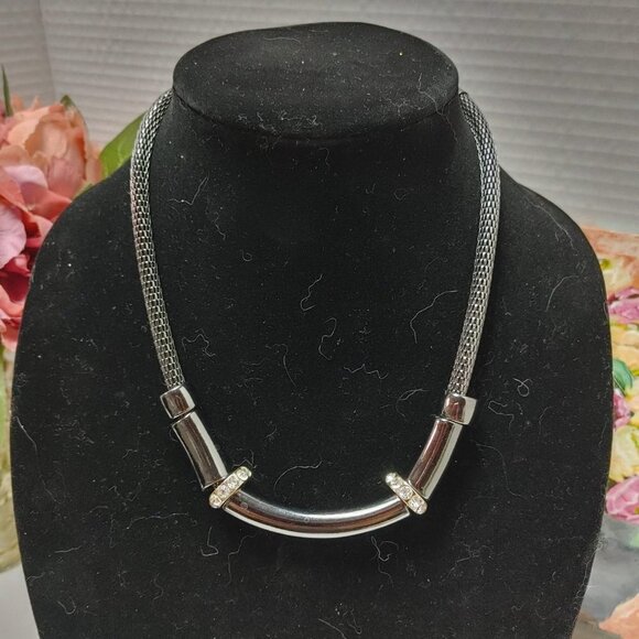 3/$30 Thick Gun Metal Snake Chain Choker Collar Necklace White Rhinestones 16" - Picture 4 of 8